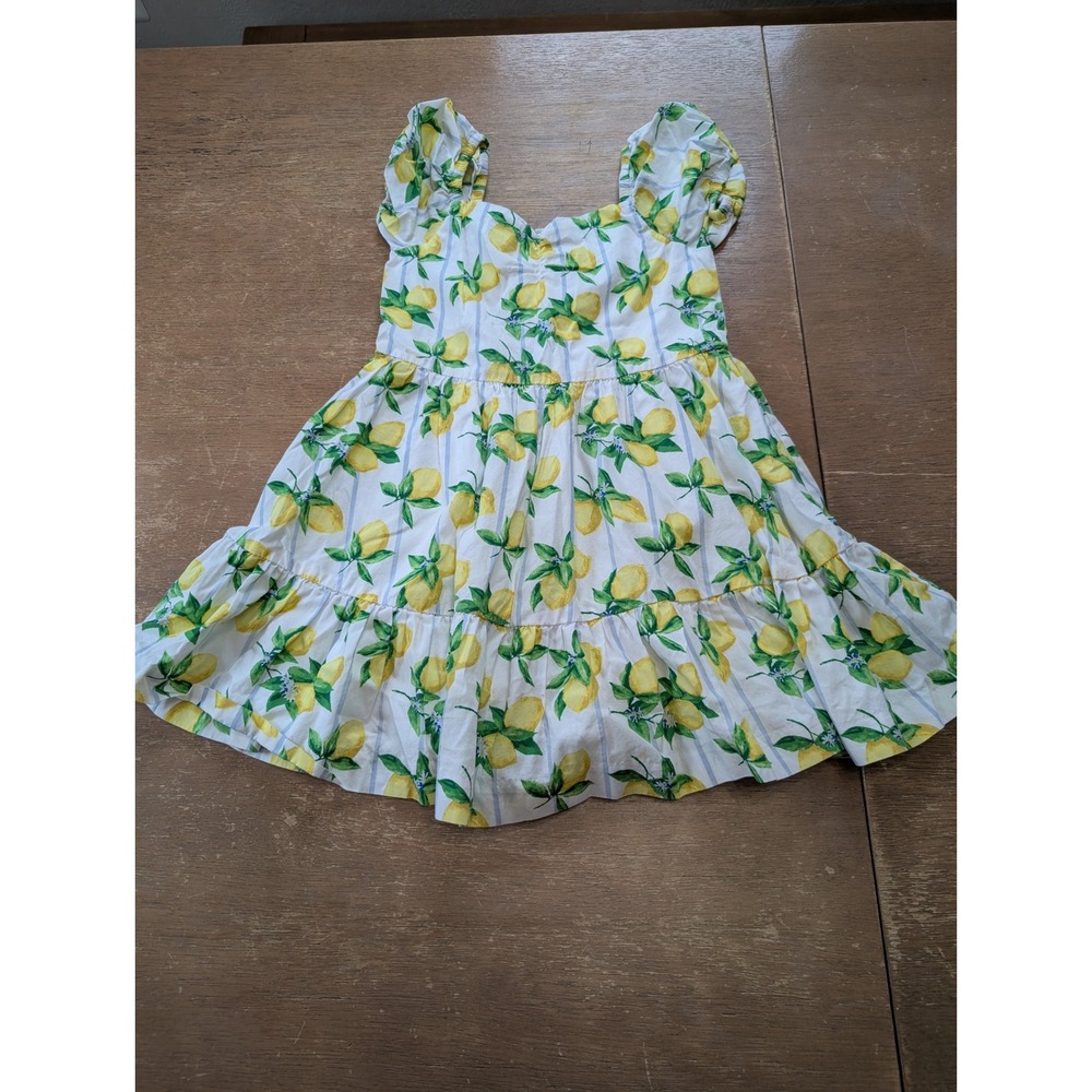 Janie and Jack Girls Size 5 Lemon Print Striped Tiered Cotton Dress White Yellow